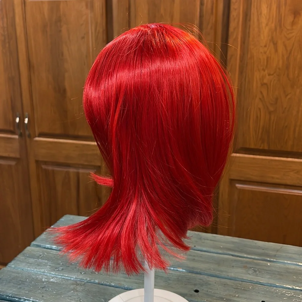NWOT Red Medium Length Synthetic Wig w/ Bangs Open Mesh Cap Adjustable Strap